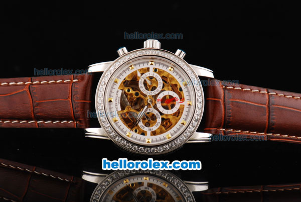 Patek Philippe Skeleton Automatic Movement Steel Case with Diamonds Bezel with Golden Studs Markers and Brown Leather Strap - Click Image to Close